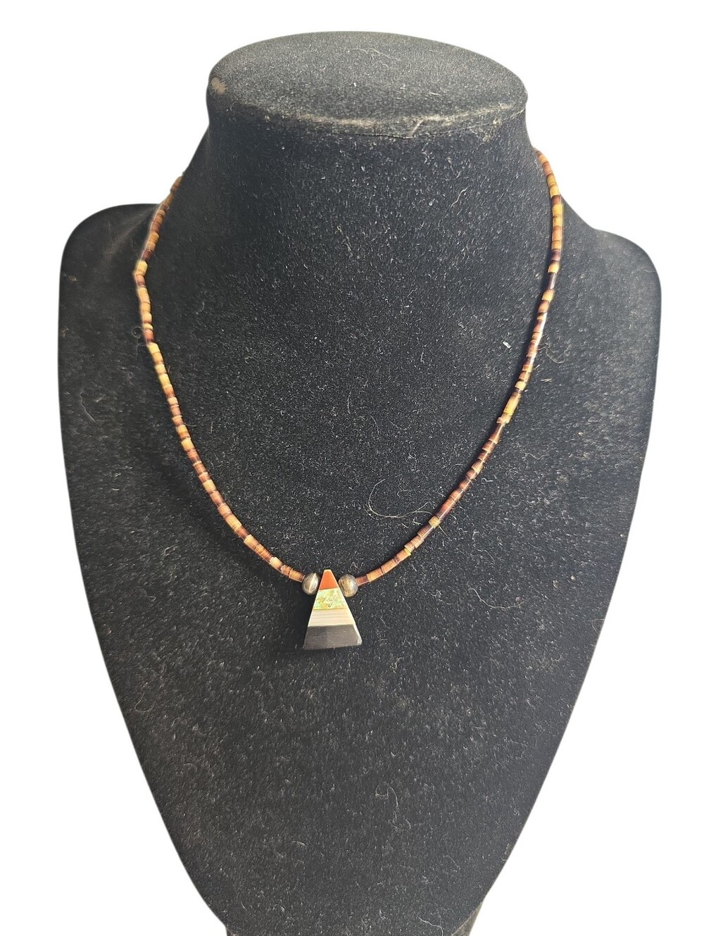 Santo Domingo Kewa Pueblo Inlay Triangle Pendant Heishi Necklace 14 1/2"